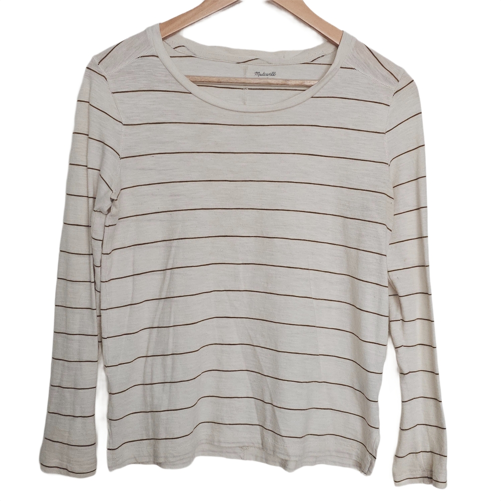Madewell Whisper Cotton Long Sleeve Tee Striped Cream Brown Size S Lightweight
